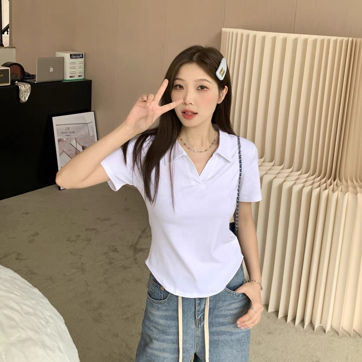 韩版圆弧下摆修身短袖T恤女夏气质V领正肩polo小衫辣妹鱼骨上衣潮,女装/女士精品,POLO衫,淘宝优惠券,粉丝福利购,淘宝优惠卷