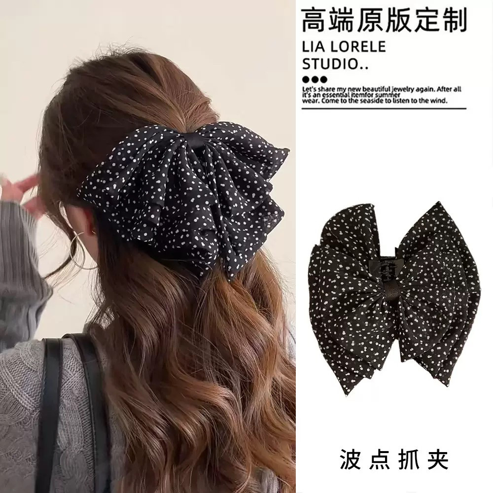 法式甜美波点蝴蝶结抓夹小号半扎发马尾鲨鱼夹发夹发饰盘发器