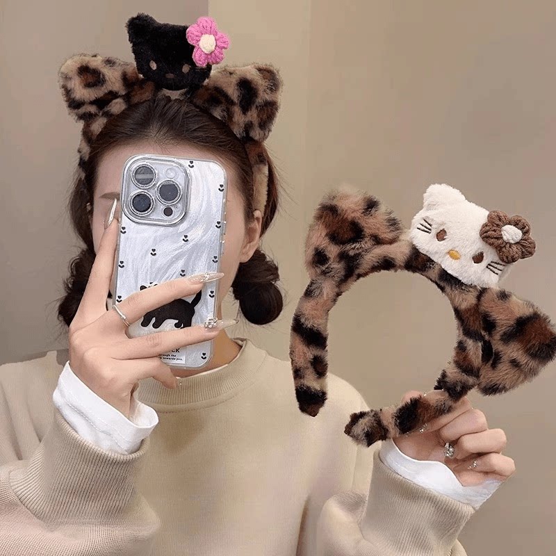 可爱小猫豹纹新款洗脸专用发箍猫耳百搭日韩Kitty毛绒绒卡通发饰
