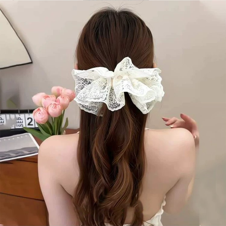 白色蕾丝大肠发圈超好看的韩系双层裙摆半扎头发低丸子头头绳女