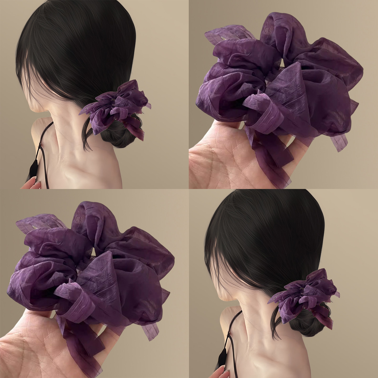 紫色纱雾！雪纺打结蝴蝶结大肠发圈女芭蕾风头花盘发头绳马尾发饰