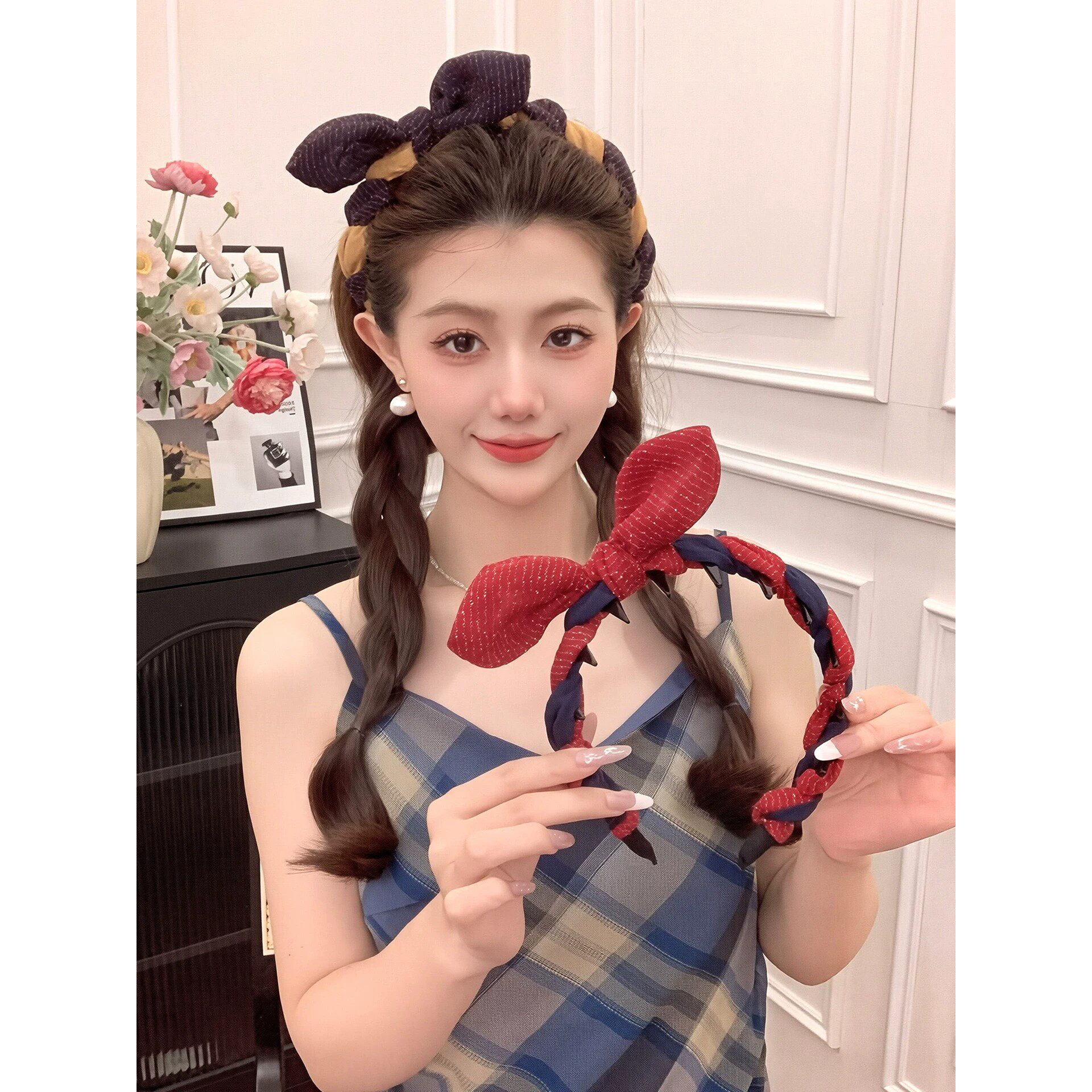 撞色条纹蝴蝶结带齿发箍女新款高流动防滑压发头箍日常百搭发饰