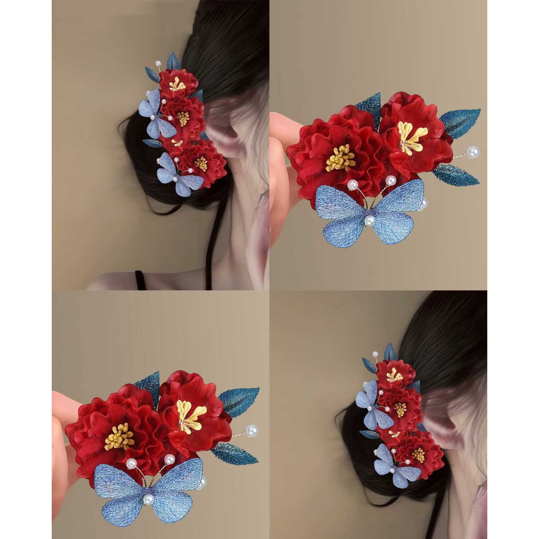 十里红妆~新中式红色花朵发夹新娘旗袍结婚盘发头饰订婚旅行发卡