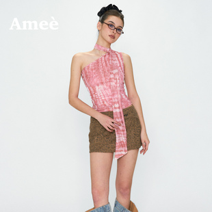Amee美式印花网纱系脖飘带单肩吊带背心女蔷薇粉修身显瘦无袖上衣