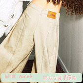 休闲长裤 阔腿牛仔裤 子 低腰复古做旧宽松弯刀裤 Amee