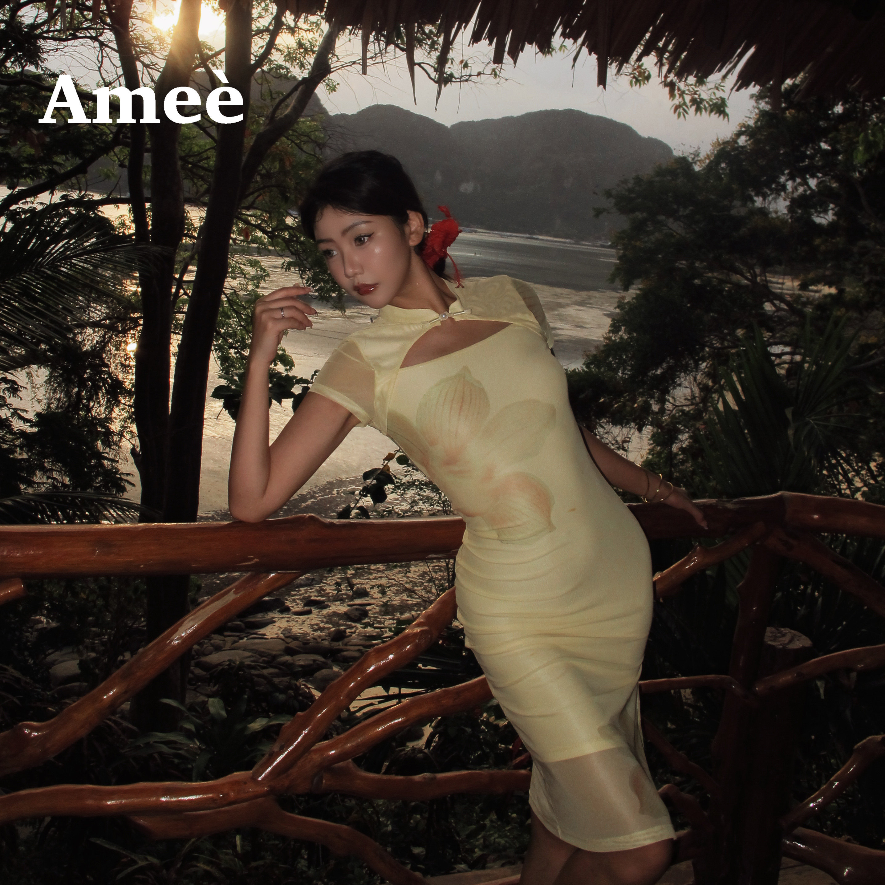 Amee 仰世联名新中式兰花旗袍网纱假两件印花背心裙