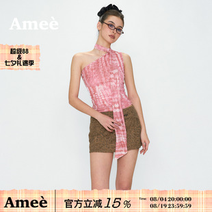 Amee美式印花网纱系脖飘带单肩吊带背心女蔷薇粉修身显瘦无袖上衣