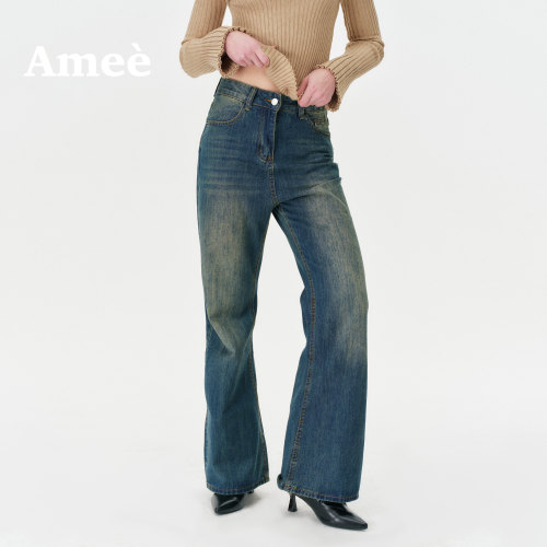 Amee复古做旧松弛风水洗微喇牛仔裤松弛风遮肉显瘦直筒长裤