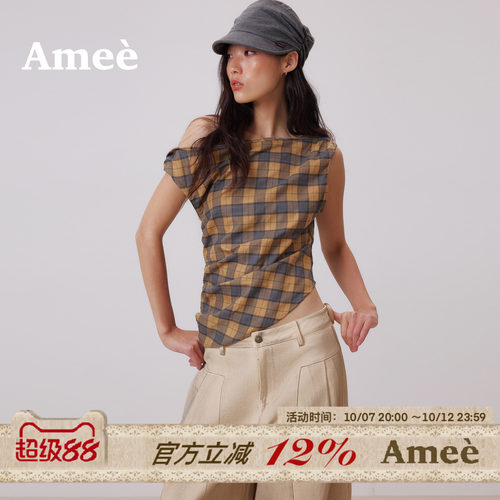 Amee复古格纹斜肩显瘦无袖背心