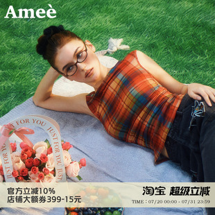 Amee紅調格紋網(wǎng)紗t恤女美式 上衣 度假多巴胺一字肩彈力設計感短袖