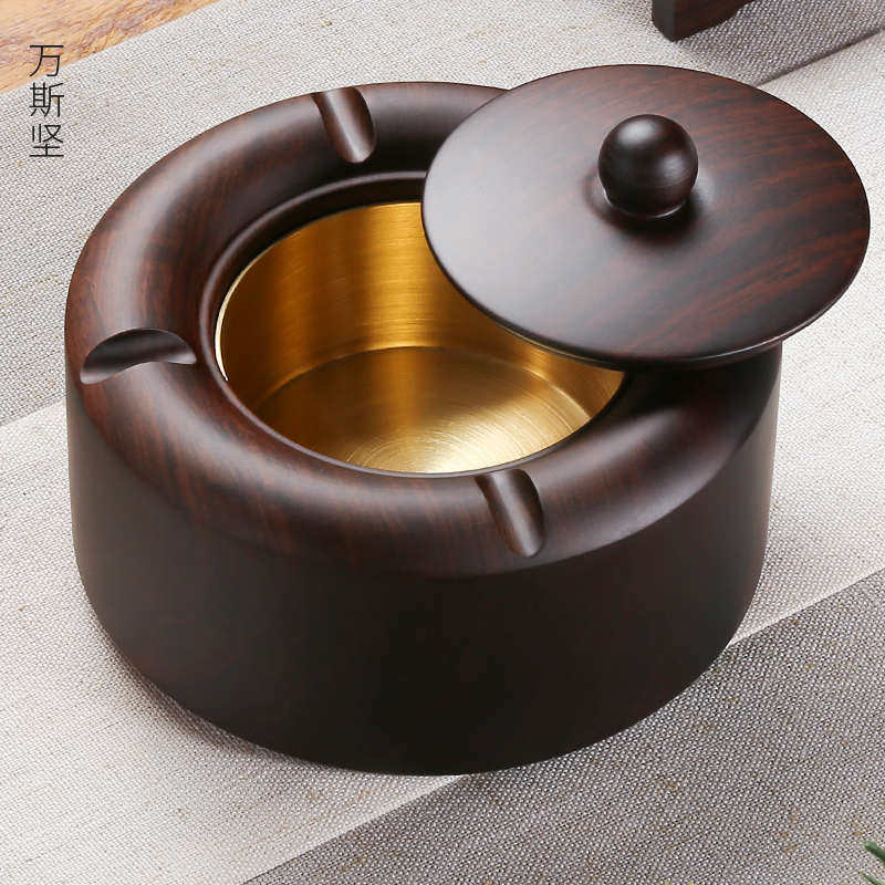 烟灰缸创意个性潮流客厅家用黑檀实木带盖防飞灰中式金属铜制烟缸