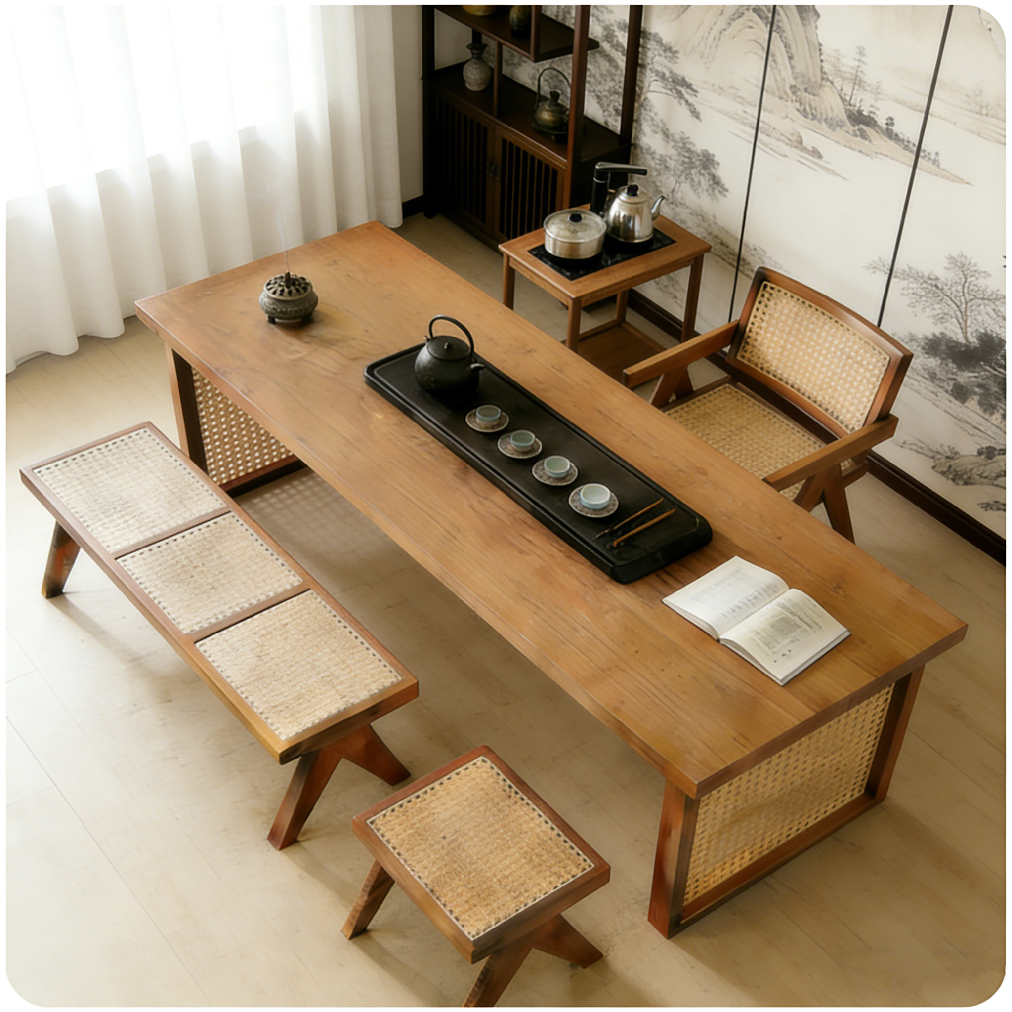 藤编茶桌宋代美学实木茶几客厅家用阳台小型茶台喝茶桌椅组合,住宅家具,家用茶台/茶桌,淘宝优惠券,粉丝福利购,淘宝优惠卷