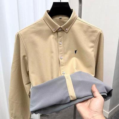 刺绣加绒加厚保罗小马标秋冬季薄绒纯棉衬衣内搭保暖男士长袖衬衫