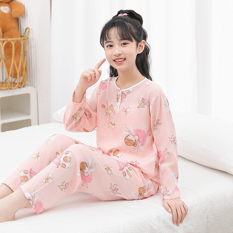 新款儿童棉绸睡衣夏季薄款男童女童绵绸长袖套装莱赛尔家居服