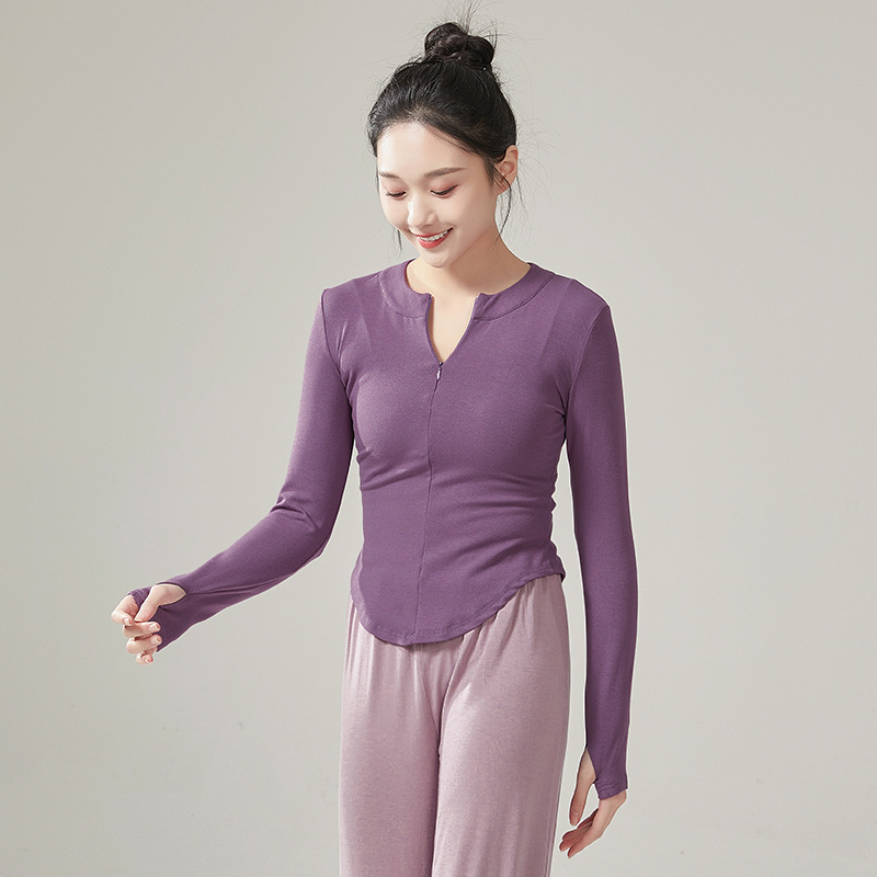 现代舞V领针织修身套指拉链长袖上衣古典舞秋冬练功服形体服