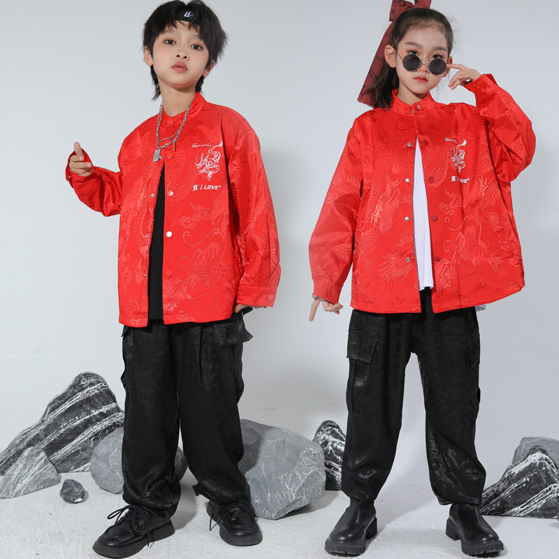 元旦儿童演出服喜庆中国风红色男女嘻哈表演服架子鼓少儿街舞服装