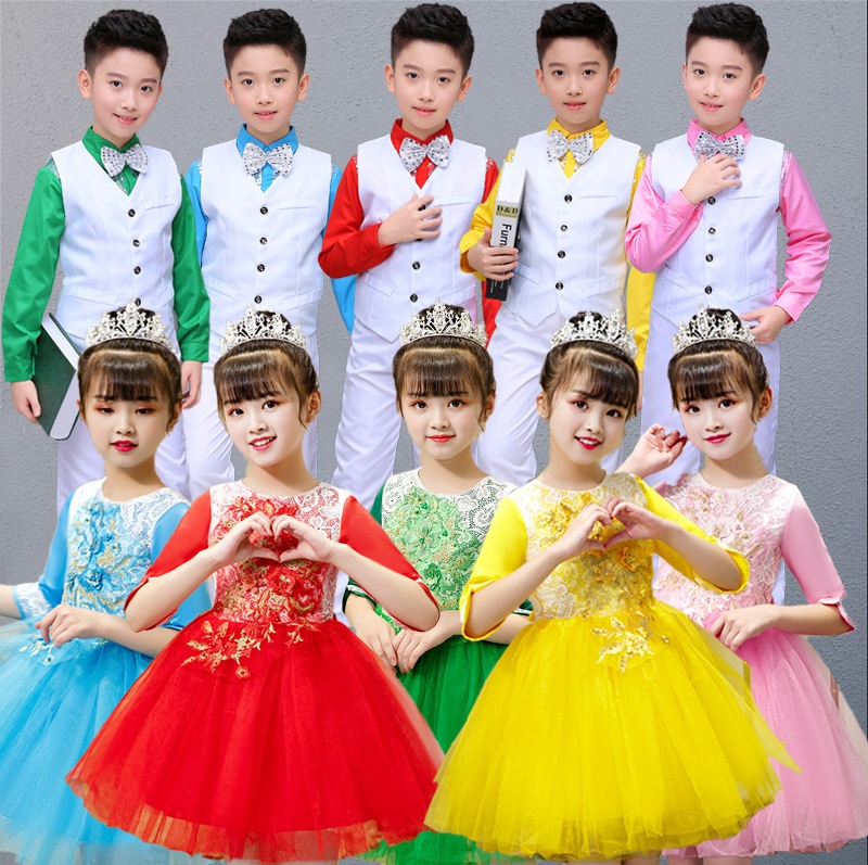 元旦儿童喜庆演出服男女童亮片礼服公主裙蓬蓬纱裙大合唱舞蹈表演