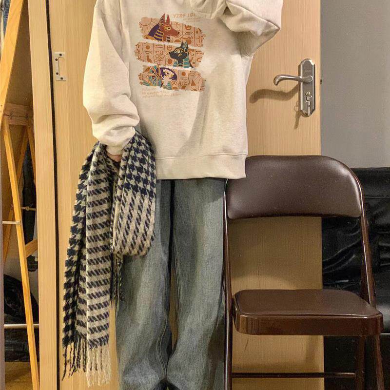 圆领卫衣女小个子秋冬加绒宽松小众设计感美式复古灰色套头上衣潮