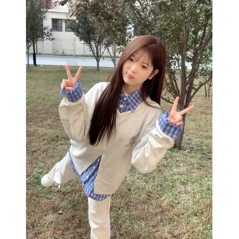 美式假两件卫衣女秋冬2025新款爆款韩系慵懒风小个子拼接衬衫上衣