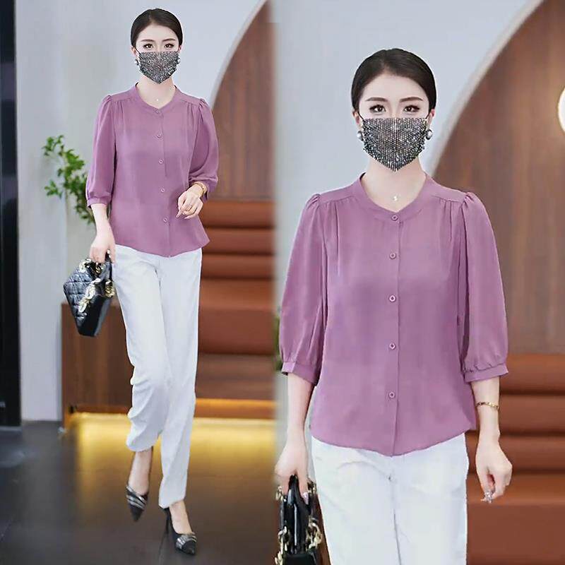 衬衫女士爆款高级感雪纺衫上衣夏季新款宽松小个子中年妈妈装衬衣