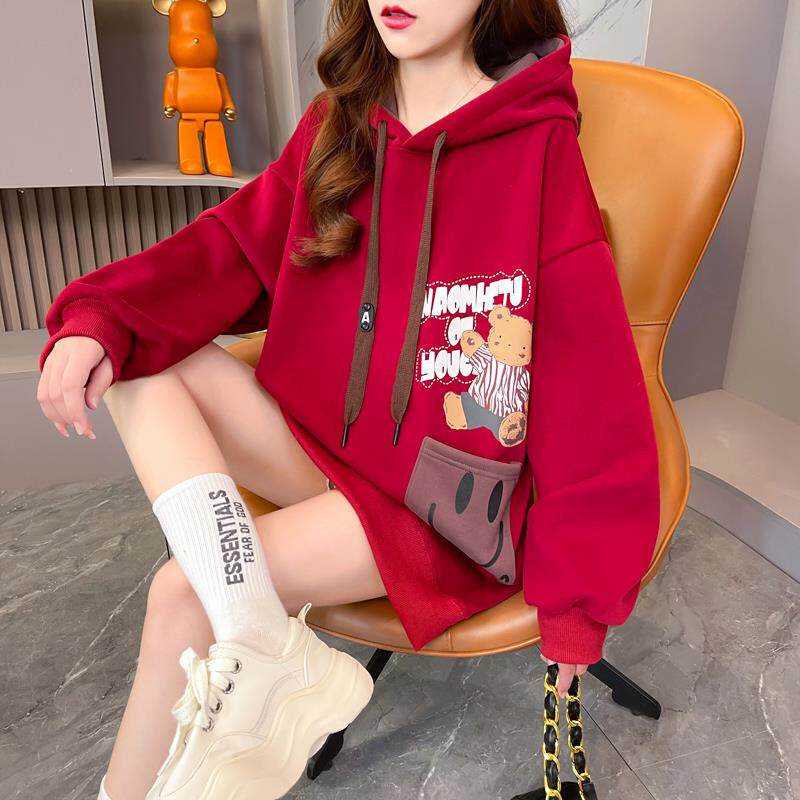 春款女装2025年新款小熊连帽卫衣女中长款200斤大码爆款洋气外套