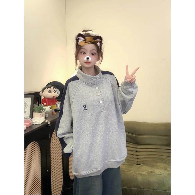 立领灰色卫衣女秋冬加绒加厚美式高街oversize无帽潮牌高级感上衣