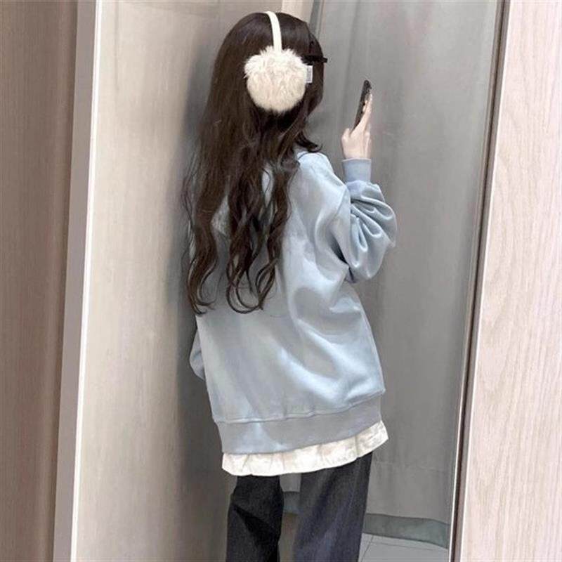 浅蓝色小狗刺绣假两件连帽卫衣女春季宽松慵懒风设计感小众上衣薄