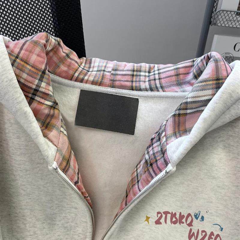 慵懒风格子拼接kitty猫卫衣开衫女初中生超好看加绒连帽拉炼外套