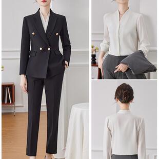 V领白衬衫女2024春秋西装内搭上衣职业面试正装套装长袖雪纺衬衣