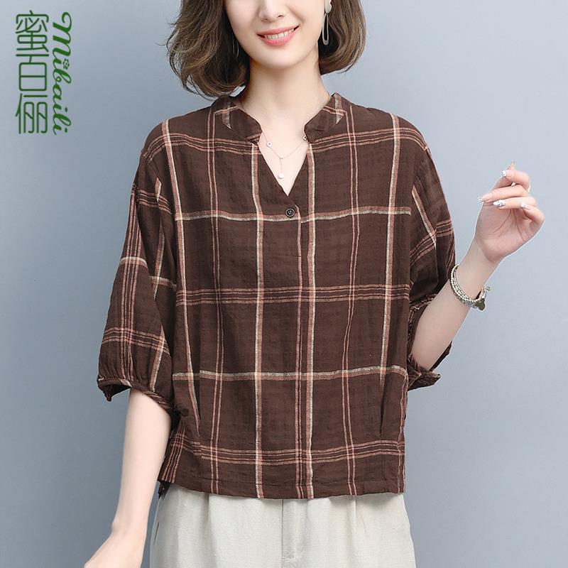 棉麻短袖t恤女夏薄款2025年新款妈妈休闲宽松亚麻上衣v领格子小衫