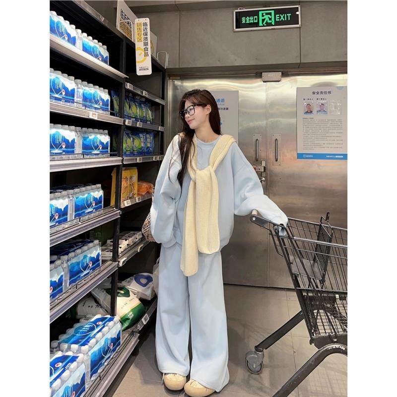 披肩休闲运动套装女秋冬韩版学生宽松慵懒风卫衣阔腿裤时尚三件套