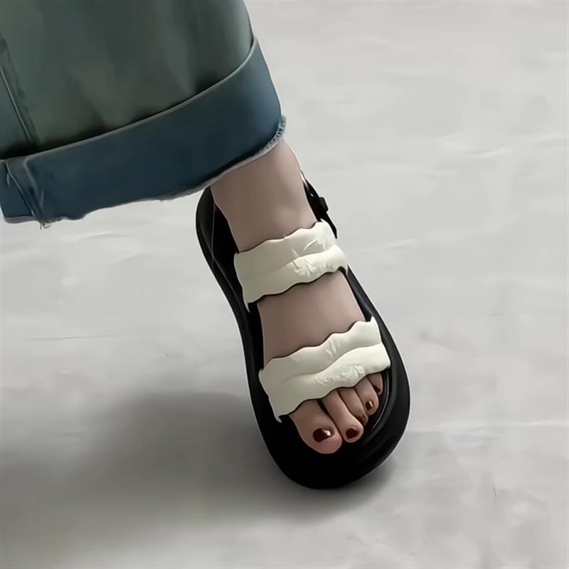 新中式凉鞋女外穿2025年夏季新款一字扣松糕厚底罗马鞋防滑沙滩鞋