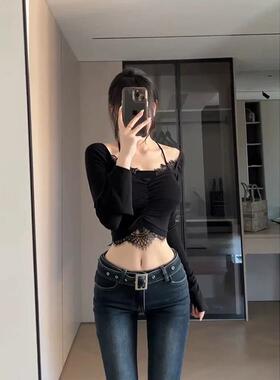 深蓝色低腰修身微喇叭牛仔裤女秋冬175高个子显瘦加长170拖地裤子