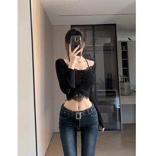 深蓝色低腰修身微喇叭牛仔裤女秋冬175高个子显瘦加长170拖地裤子