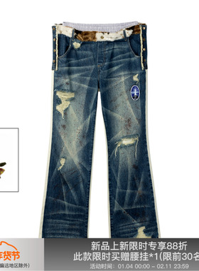 APRIORITY先验 ODVAHA之心 复古洗水做旧破坏双腰头假两件牛仔裤