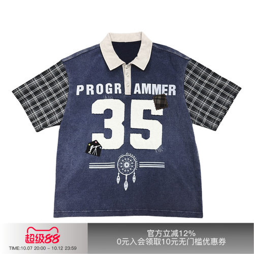 先验复古洗褪手缝补丁Polo衫