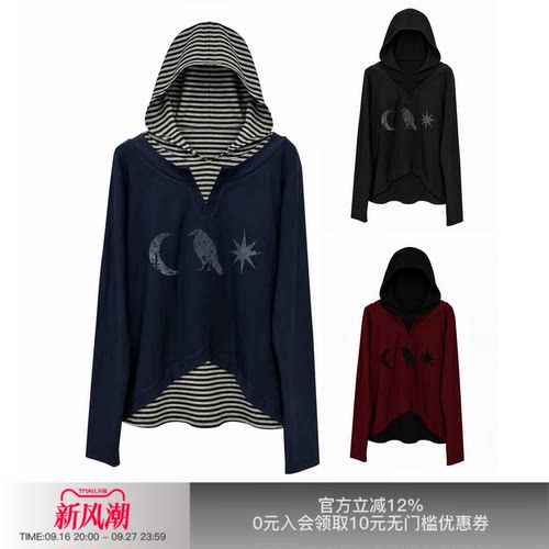 先验渡鸦印花假两件绒感连帽卫衣