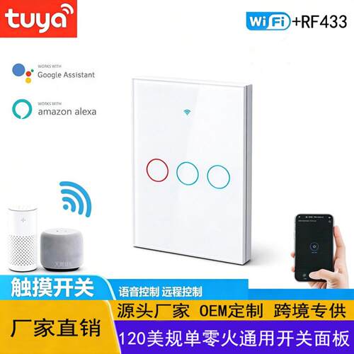 美规120型涂鸦触摸开关 WIFI单零火通用谷歌语音跨境现货厂家直供