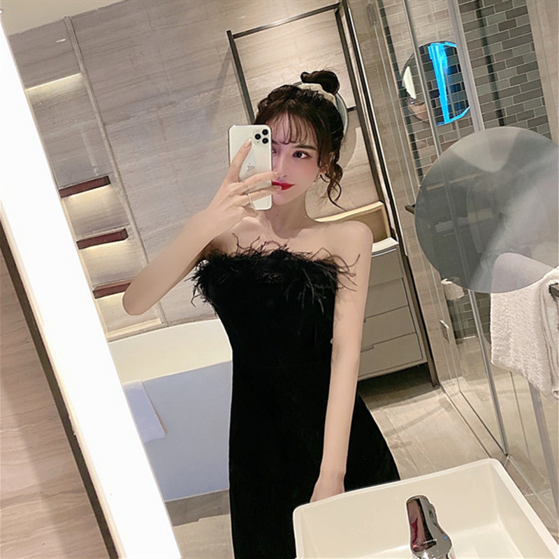 Real price 2021 new Hepburn style luxury feather velvet bra dress party dress