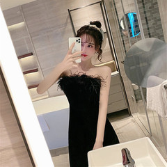 Real price 2021 new Hepburn style luxury feather velvet bra dress party dress