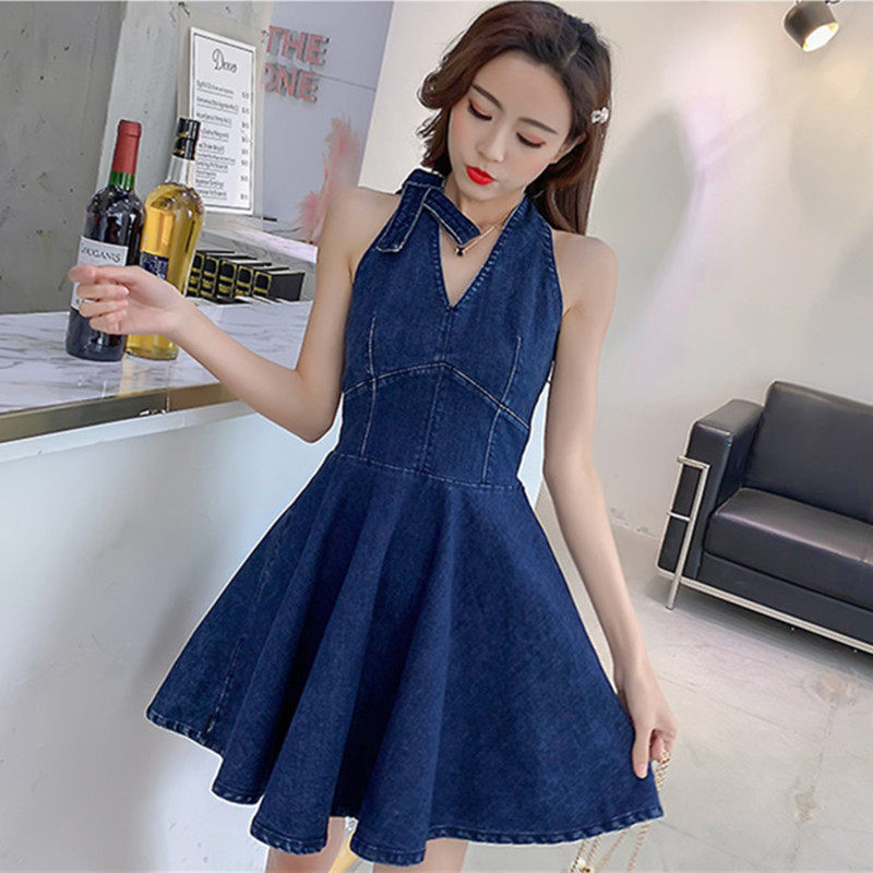 Real photo real price net red new Korean open back denim sleeveless dress sexy mind fairy denim skirt