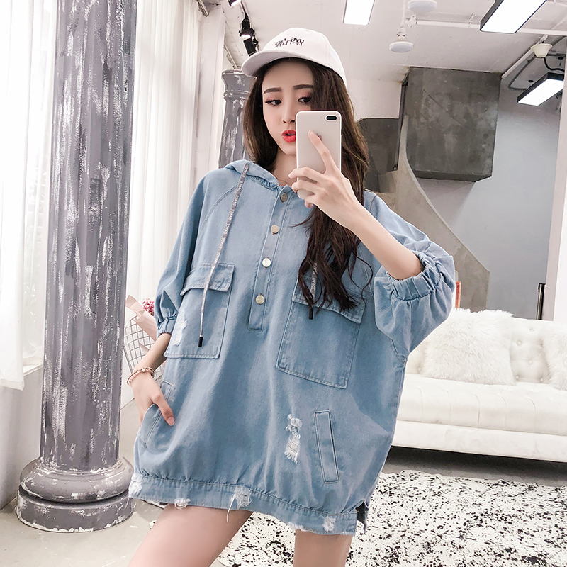 Real photo real price 2020 net red new Korean version denim sweater medium long hooded Pullover loose Fairy Dress