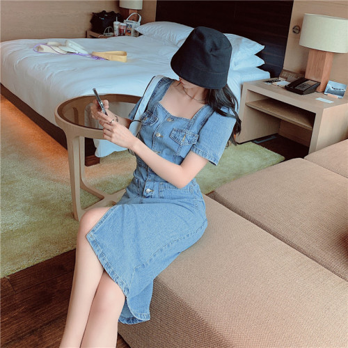 Real price 2021 new French retro square collar denim dress medium length open back slim bag hip skirt