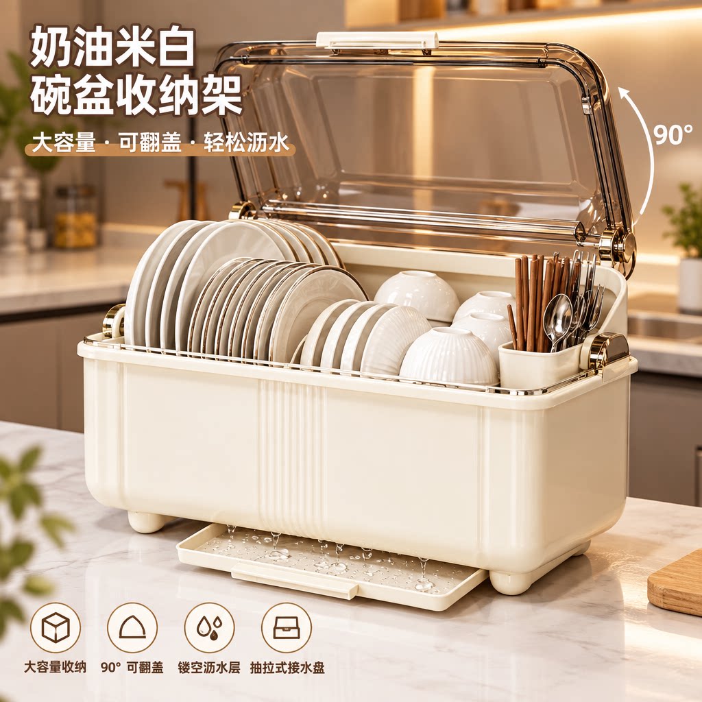 厨房碗碟收纳架家用台面带盖沥水碗柜大容量放碗盘防尘餐具收纳盒