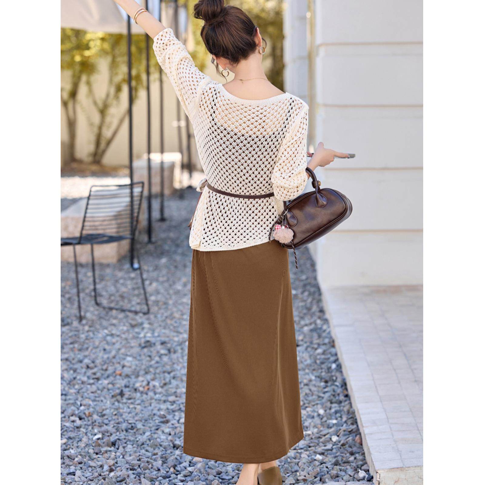 MONLOUVE吊带连衣裙高级感小个子外搭针织镂空罩衫两件套装2025春