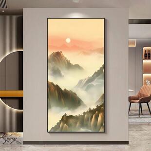 旭日东升玄关背景墙装饰画新中式入户迎门墙挂画大气山水壁画竖版