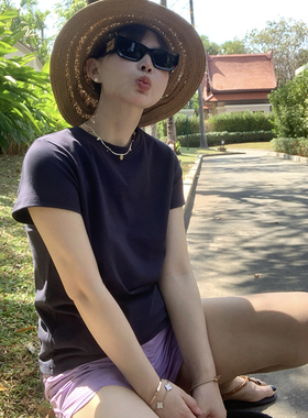 333sss 韩女～2025春夏藏蓝色正肩圆领短袖T恤女上衣显瘦