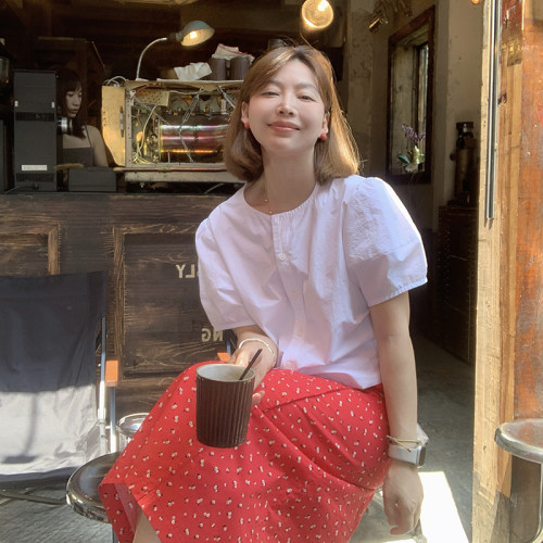 333sss掐腰衬衫～白色圆领短袖衬衫女夏短款泡泡袖衬衣上衣
