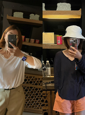 333sss 老钱风宽松v领打底衫长袖T恤女外穿上衣秋季新款短