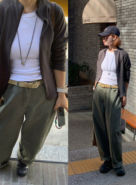 333sss 设计感复古绿色做旧水洗弯刀裤茧型休闲裤牛仔长裤女秋